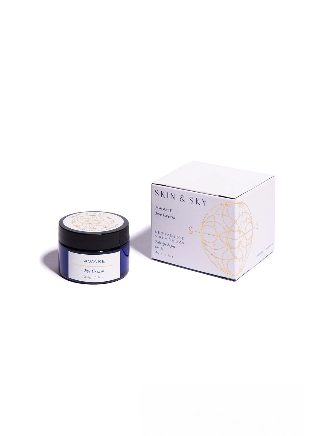 Tarro de vidrio azul cobalto y caja blanca de Awake Eye Cream de Skin & Sky; el empaque detalla beneficios de rejuvenecimiento y revitalización para todo tipo de piel con un pH de 6.