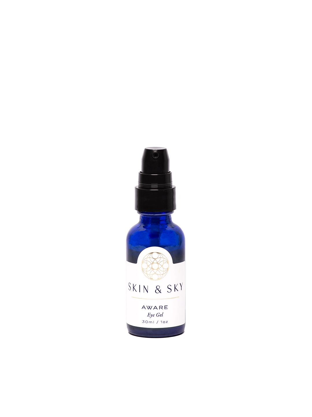 Frasco de Aware Eye Gel de 30ml / 1oz; un gel para ojos refrescante y ligero de Skin & Sky diseñado para iluminar y proteger la zona ocular con antioxidantes.