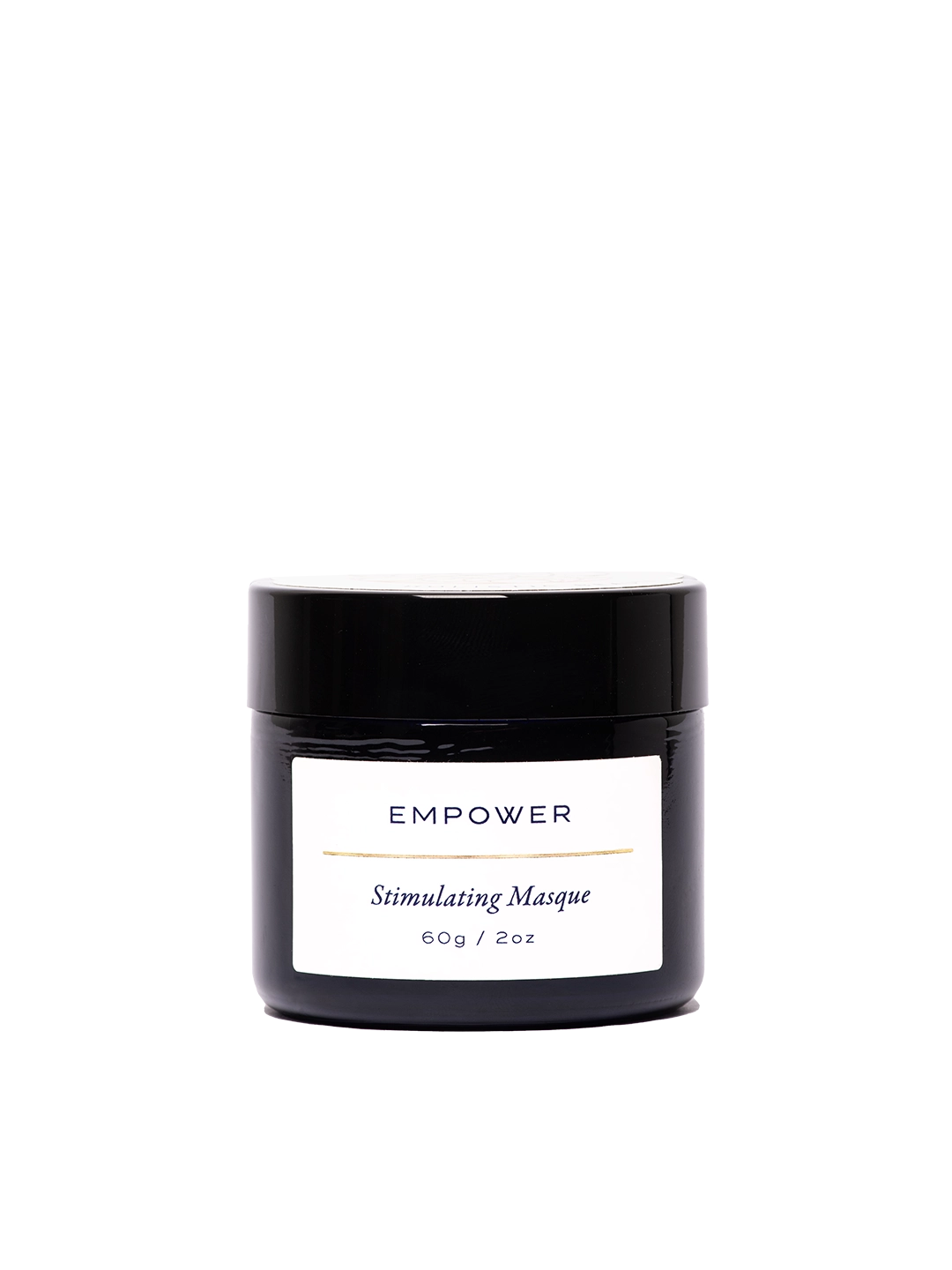 Empower Stimulating Masque en su frasco negro premium de 60 g / 2 oz. Etiqueta minimalista con texto 'Stimulating Masque' en diseño elegante y sofisticado. Mascarilla potente con pH 4 para revitalizar, oxigenar y renovar todo tipo de piel.