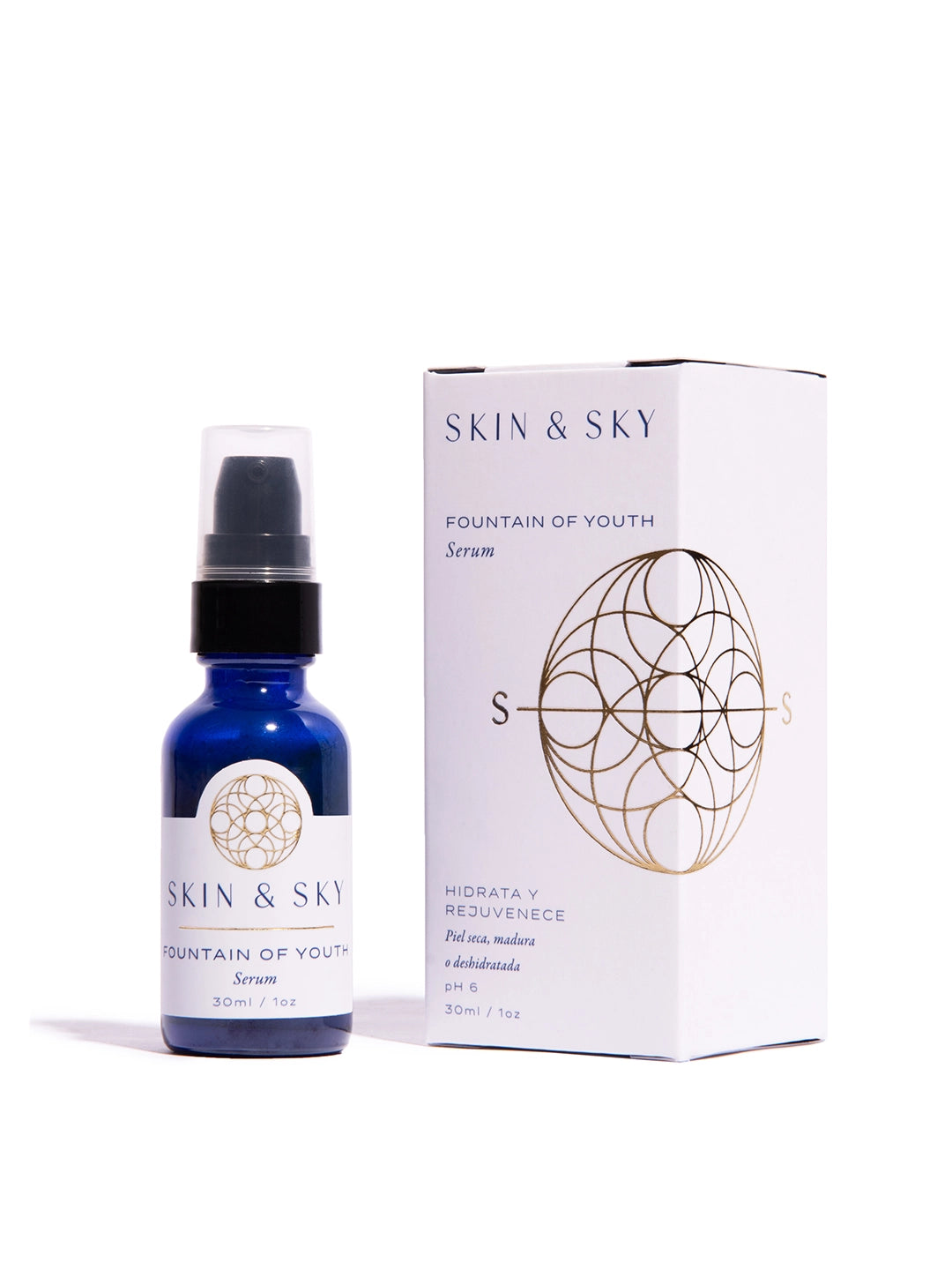 Fountain of Youth Serum Skin & Sky en frasco azul de 30 ml con caja blanca, serum hidratante y rejuvenecedor para piel seca, madura o deshidratada.