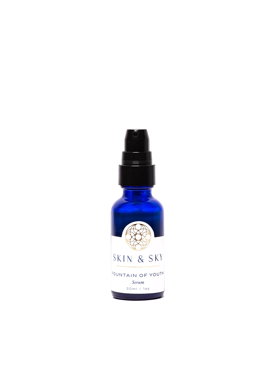 Fountain of Youth Serum Skin & Sky en frasco azul con dispensador, serum facial hidratante y reafirmante para piel deshidratada, 30 ml.