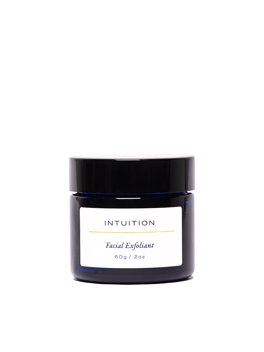 Exfoliante facial Intuition de Skin & Sky en tarro de vidrio azul de 60g con su caja; tratamiento rejuvenecedor con arcilla de caolín y súper alimentos para todo tipo de piel.