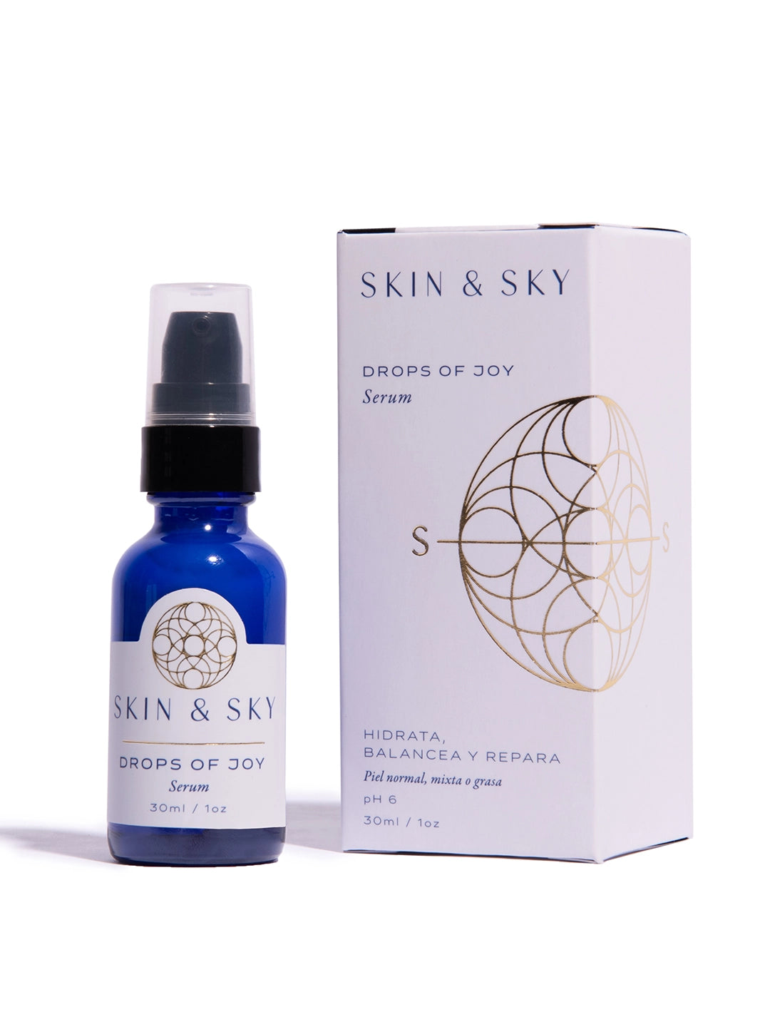 Suero facial Drops of Joy de Skin & Sky en frasco de vidrio azul con gotero y caja blanca; suero hidratante y antibacterial de 30ml para piel mixta a grasa con pH 6.