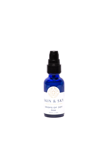 Frasco de 30ml / 1oz de Drops of Joy de Skin & Sky; suero diseñado para balancear la producción de grasa, hidratar y reparar pieles con tendencia al acné.