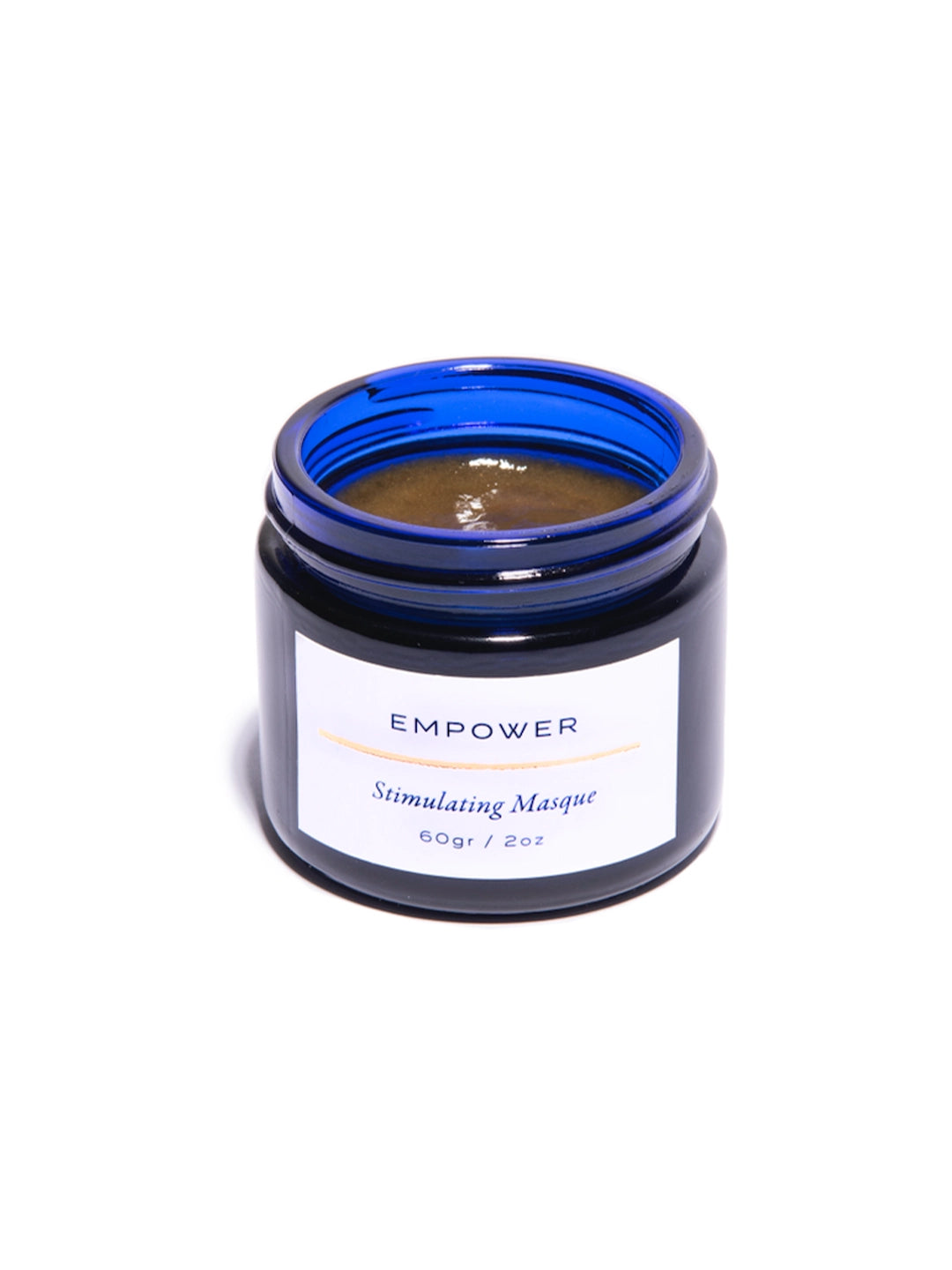 Frasco azul elegante de Empower Stimulating Masque, mascarilla estimulante de 60 g / 2 oz. La tapa abierta revela su textura rica y revitalizante con tonos ámbar natural. Para todo tipo de piel, revitaliza, repara y estimula la producción de colágeno.